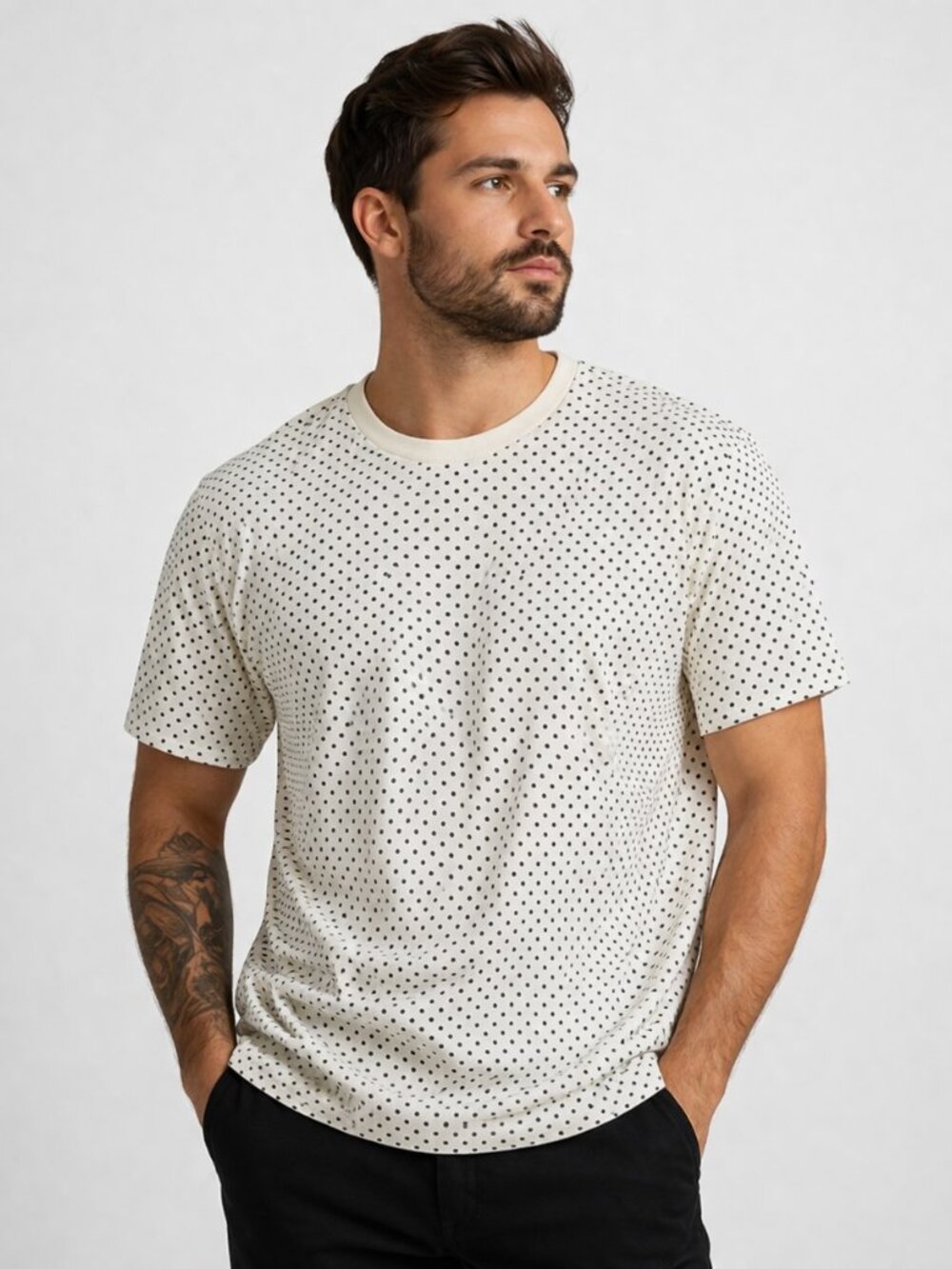 BYLT Lux Polka Dot Crew Neck T Shirt Mens XL Ivory Split Hem Stretch Performance